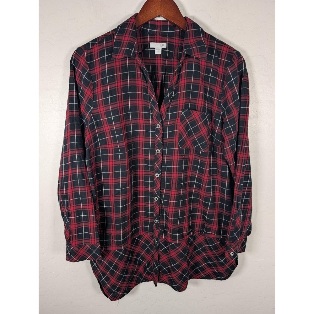 J Jill Shirt Womens Medium Petite Red Black Plaid‎ Button Down Tunic Long Sleeve